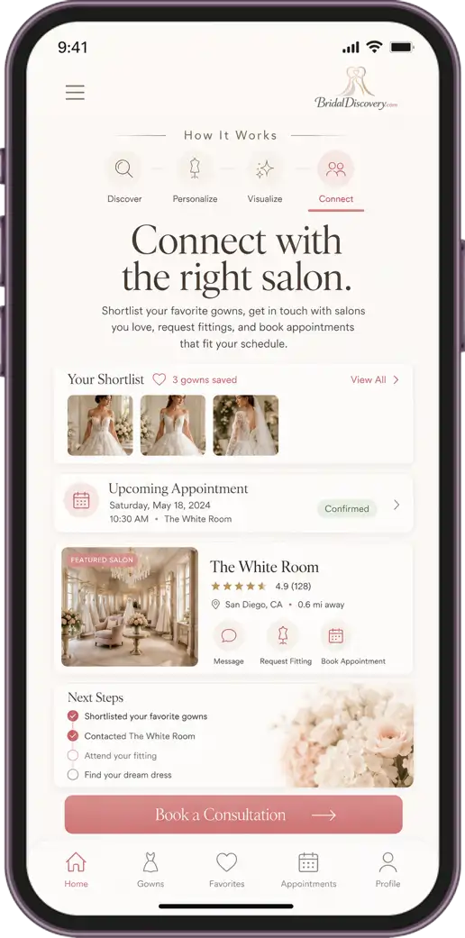 Bridal Discovery app screen for connecting with salons and booking fittings