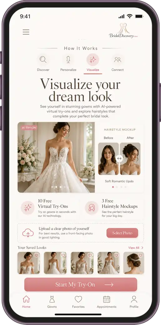Bridal Discovery app screen for Virtual Try-On and hairstyle visualization